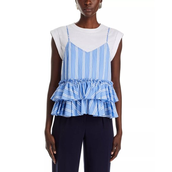 Cinq A Sept Samantha Seersucker Layered Top Stripe Oxford Blue/White SZ S NEW - Picture 1 of 7